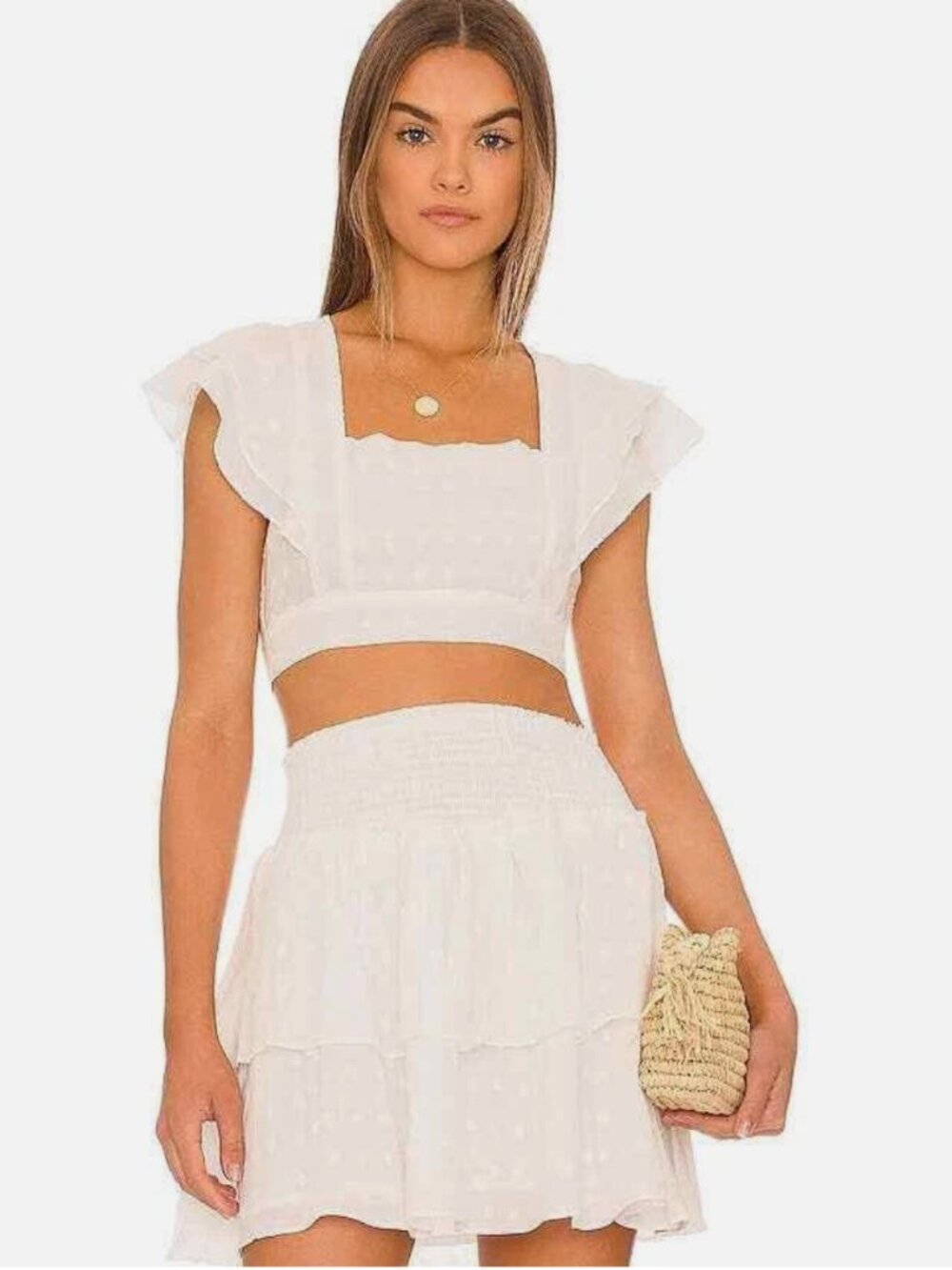 MinkPink White Flutter Sleeve Square NeckPolka Dot Crop Top